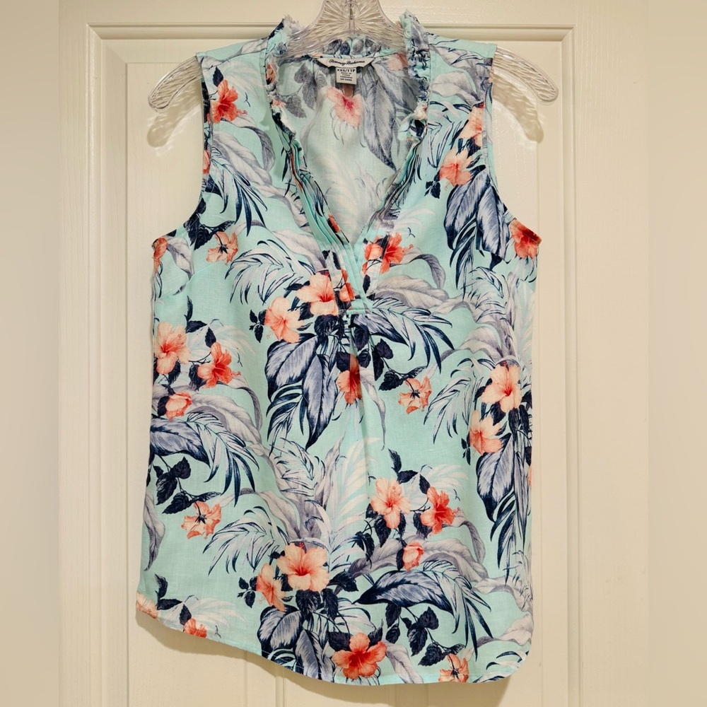 Tommy Bahama Women's NWOT Linen Foral V-Neck Ruffle Trim Sleeveless Top